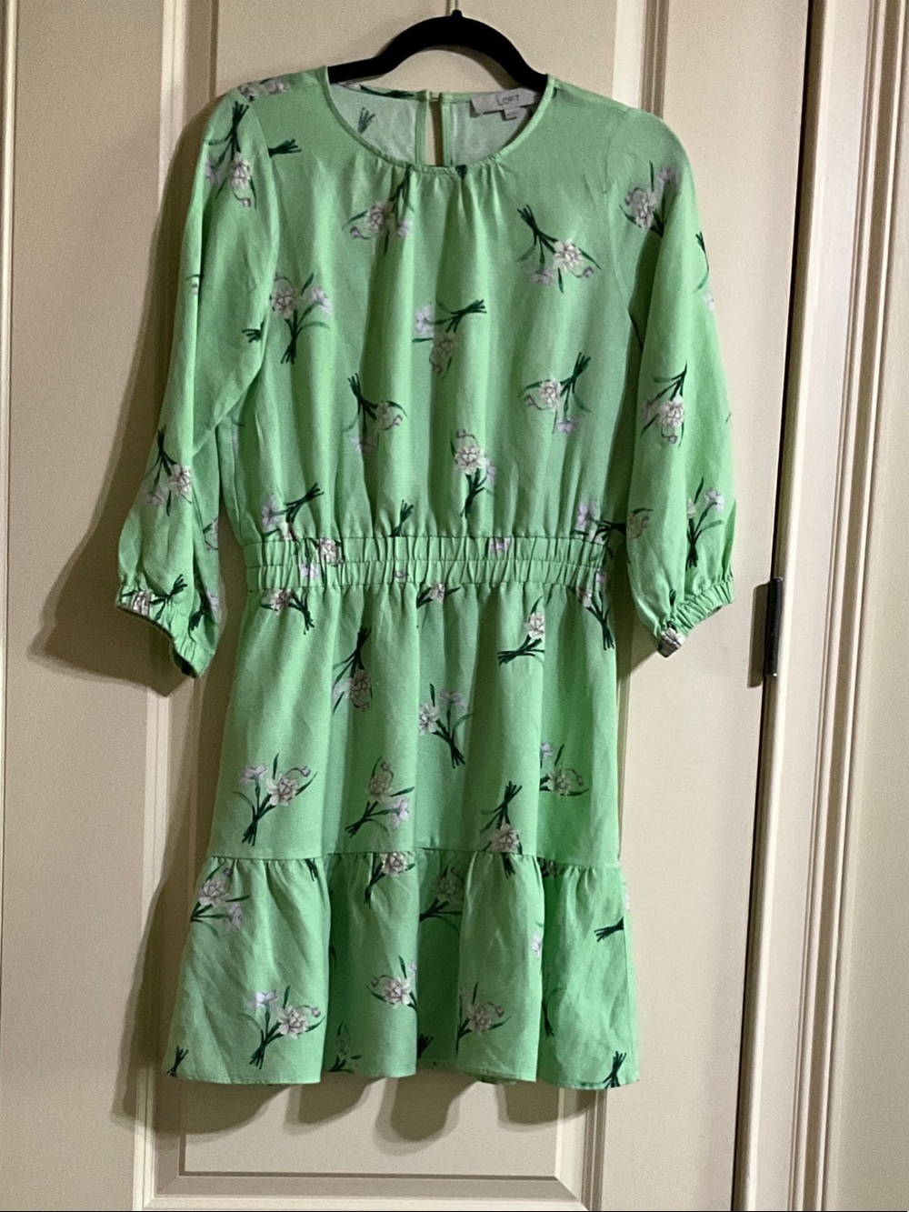 LOFT Light Mint Floral Elastic-Waist Tiered Casual Dress